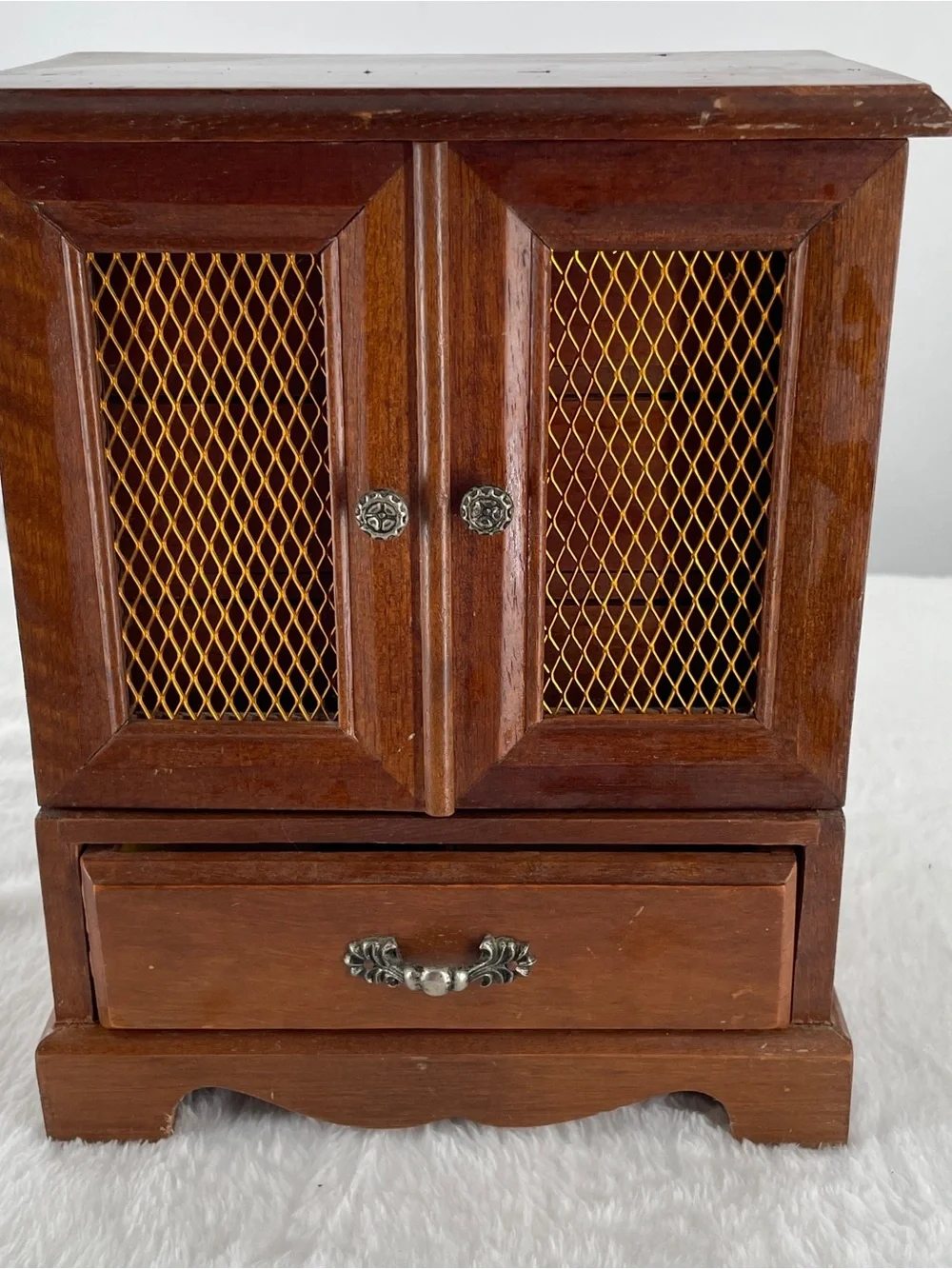 Wooden Jewelry Cabinet with Yellow Mesh Accents